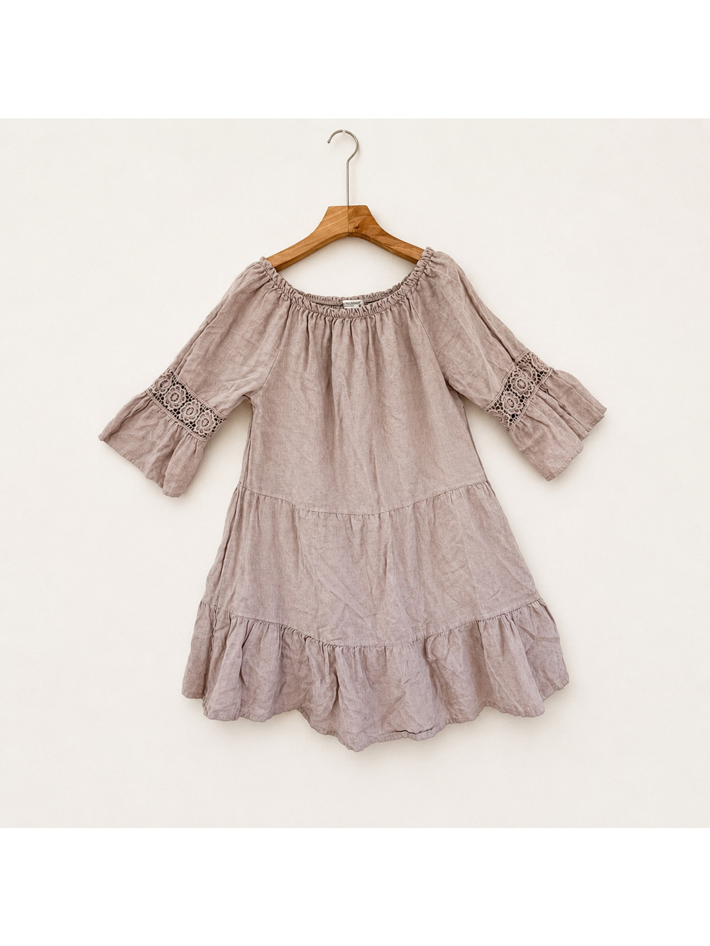 Terzo Millennio Taupe Linen Crochet Lace Tiered Boho Mini Tunic Dress M Resort